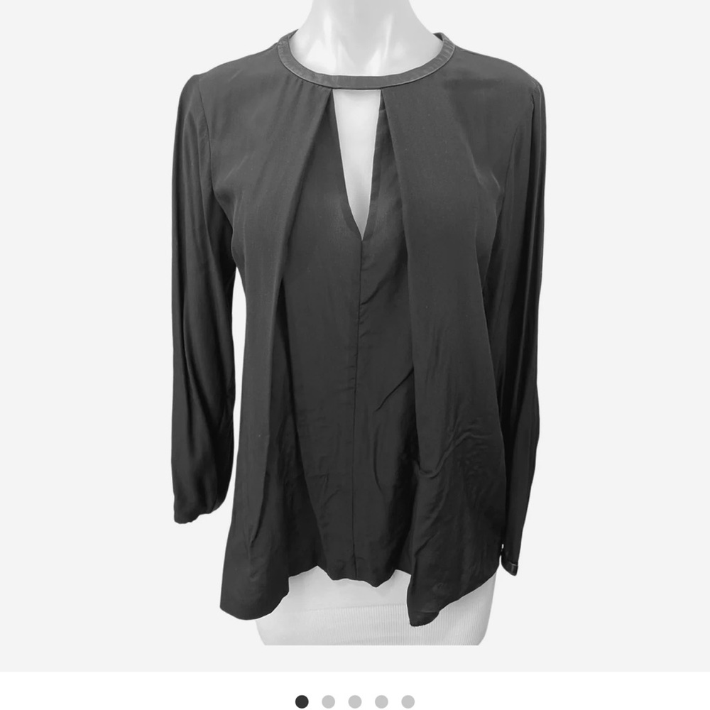 Club Monaco Black 100% Silk 100% Leather V Neck Long Sleeve Blouse Top Size XS P